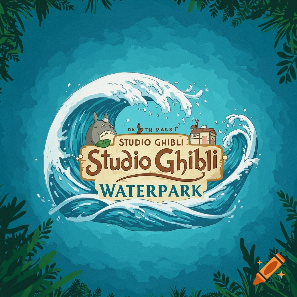 Illustrated logo for a Studio Ghibli waterpark with a wave, Totoro, and a house