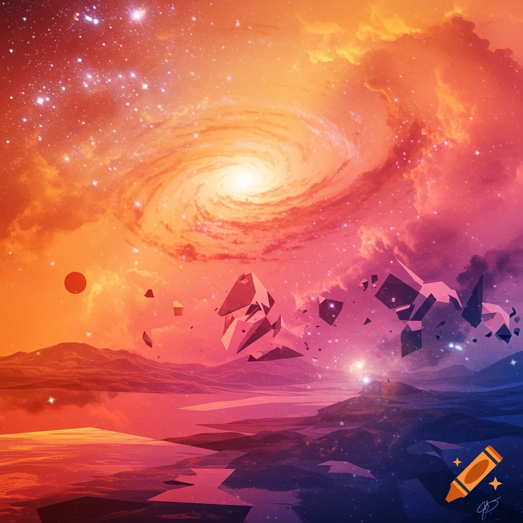 A vibrant orange and purple space landscape with a spiral galaxy, planet, geometric shards, and starry sky.