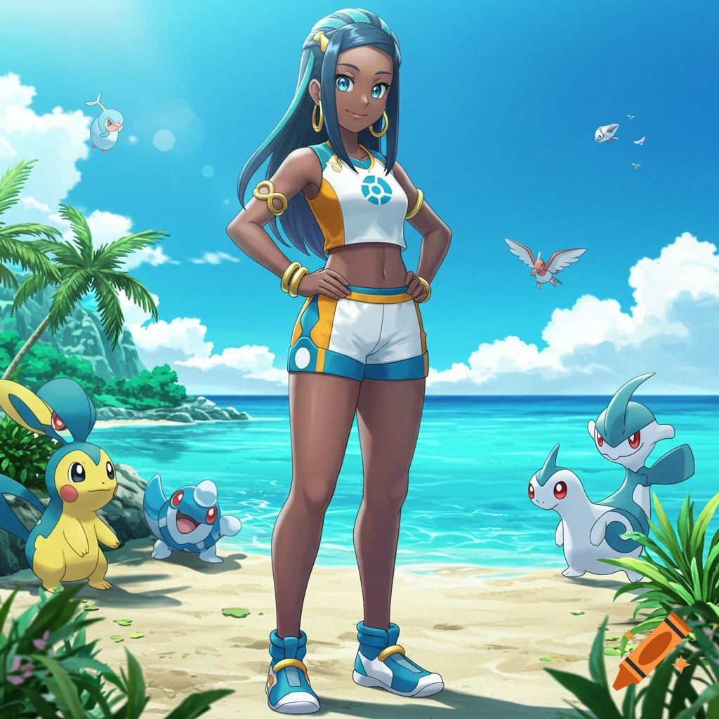 Nessa from Pokemon stands on a sunny beach with several Pokemon.