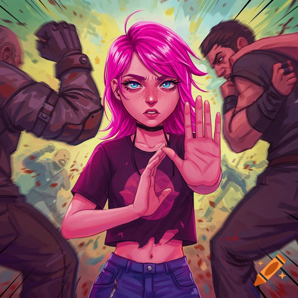 A girl with pink hair stopping a fight between two men.