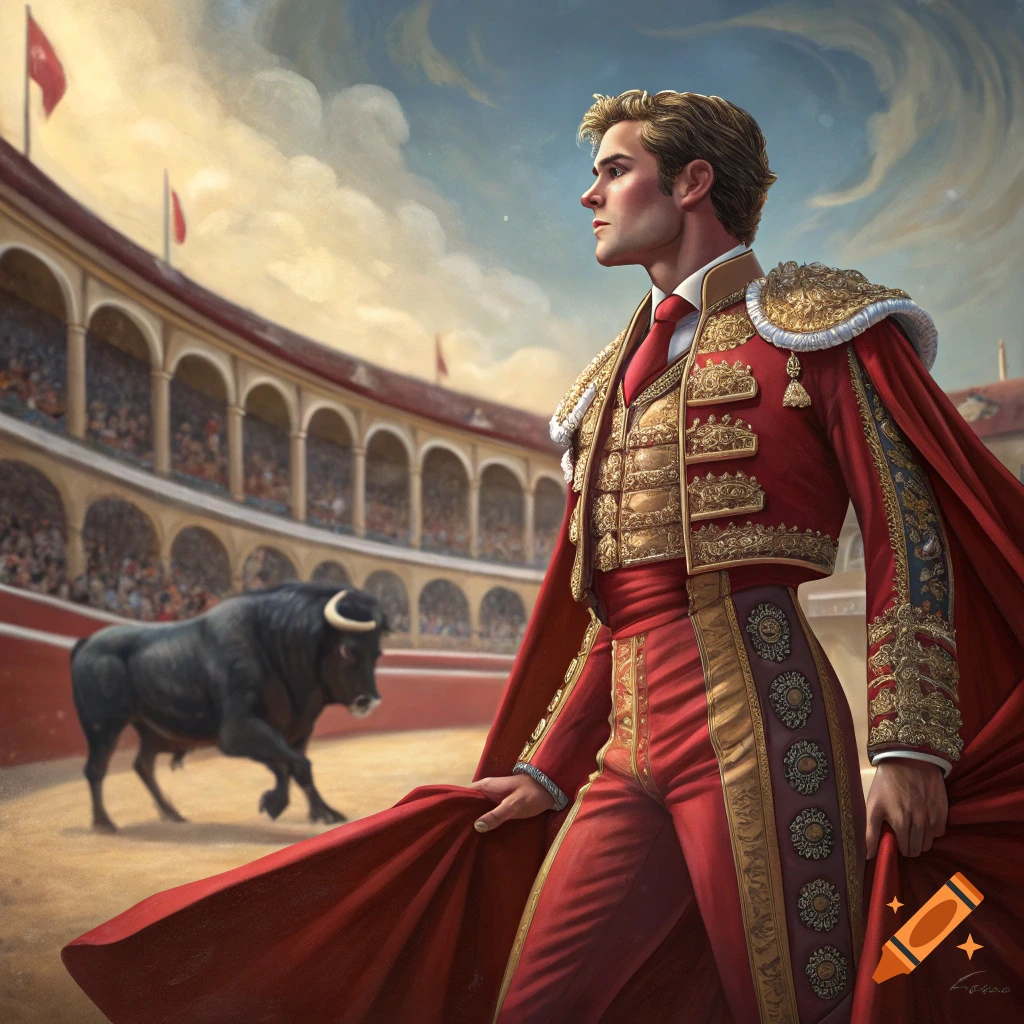 Painting of a matador in a red suit holding a cape in a bullring with a bull in the background.