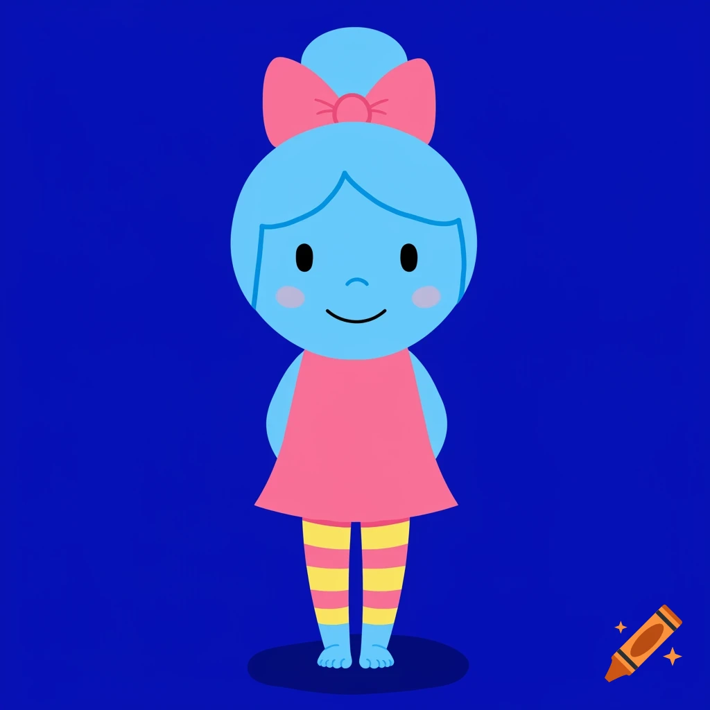 A simple cartoon illustration of a blue girl with a bun, pink bow, pink dress, and striped tights.