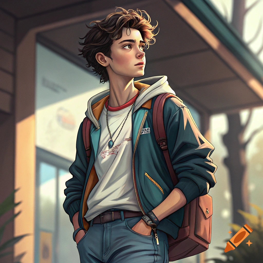 A young man with brown hair and a backpack stands outdoors in a stylized art style.