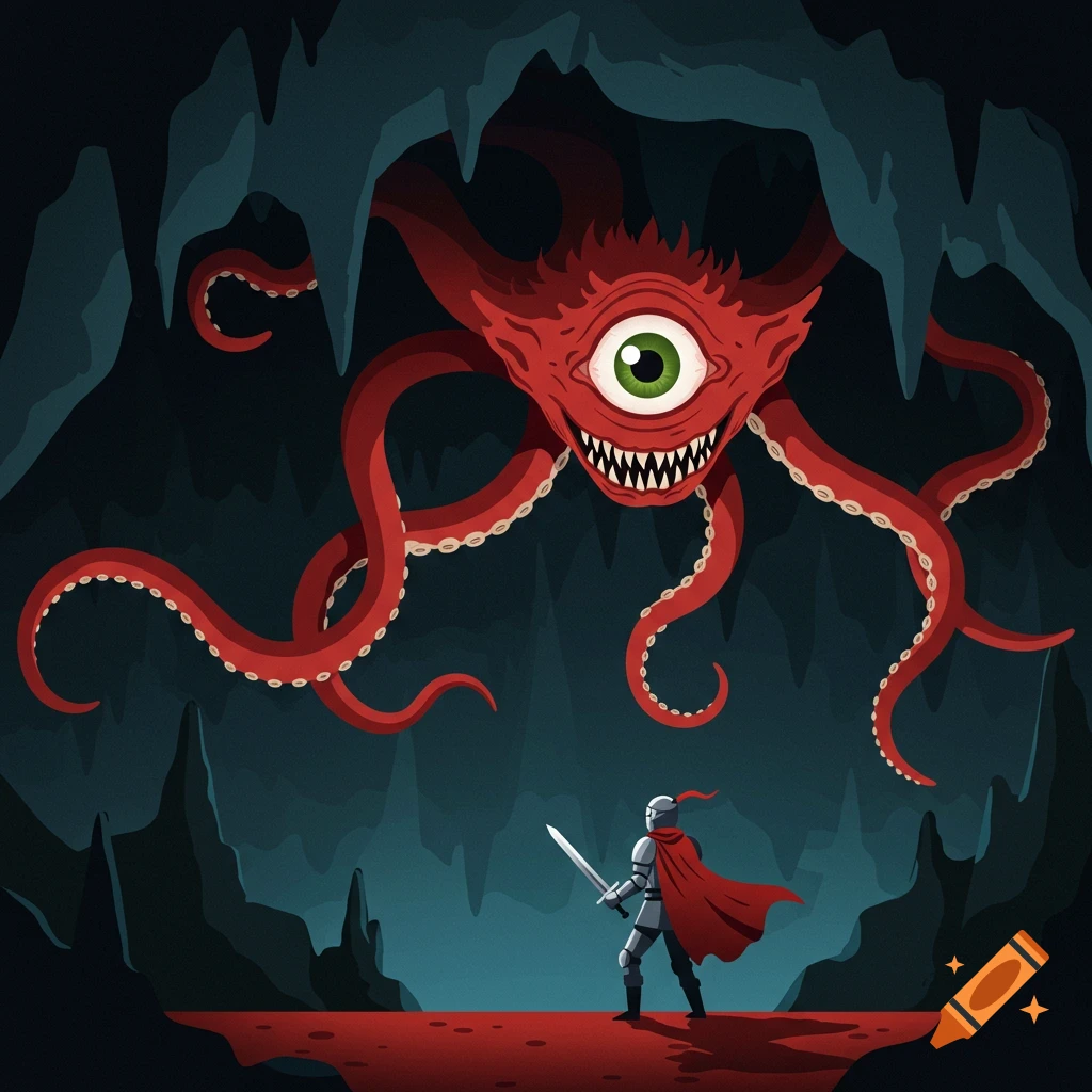 Knight faces a red, tentacled, one-eyed monster in a dark cave in a stylized illustration.