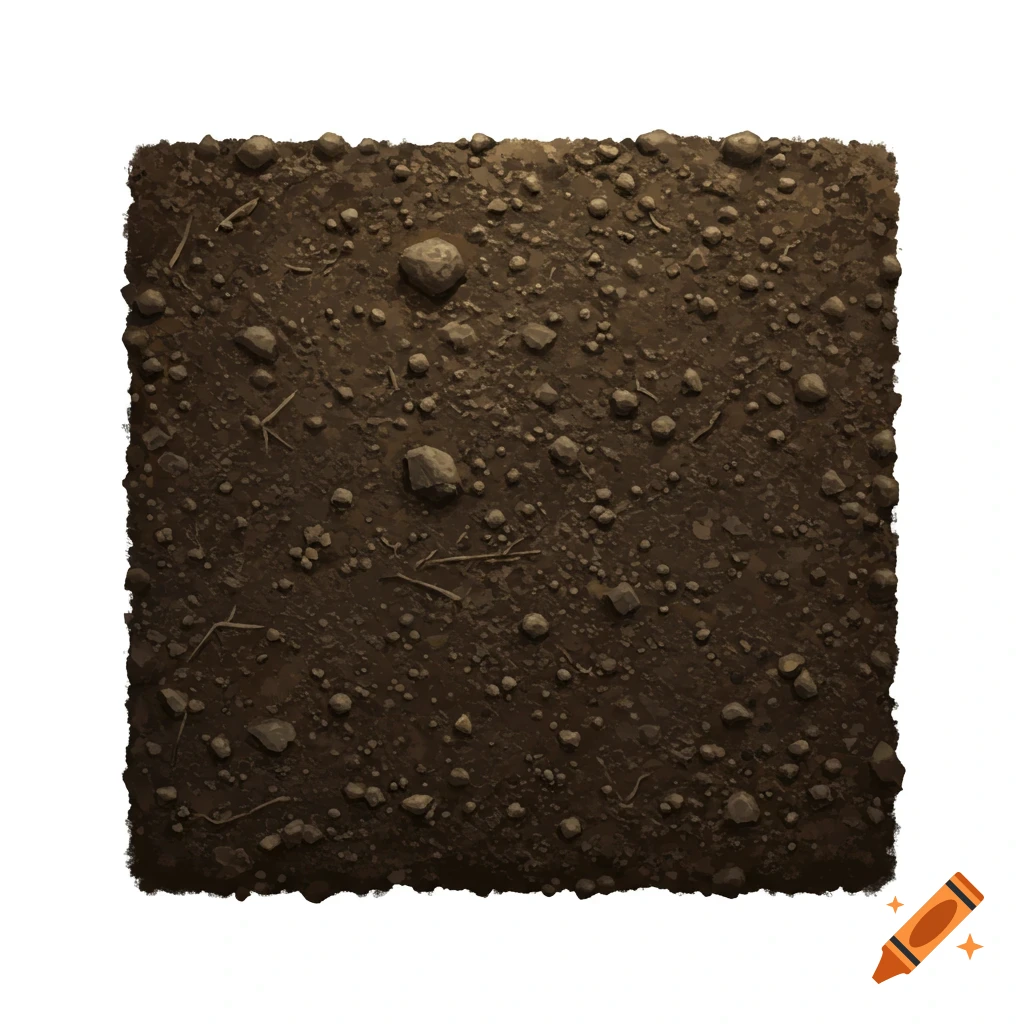 A close-up of a square patch of brown dirt with rocks and twigs.