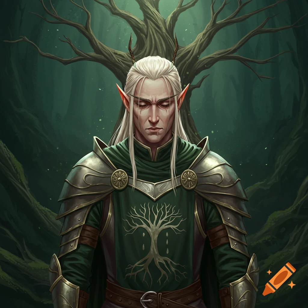 An elf knight in ornate armor with a tree sigil stands solemnly in a dark fantasy forest.