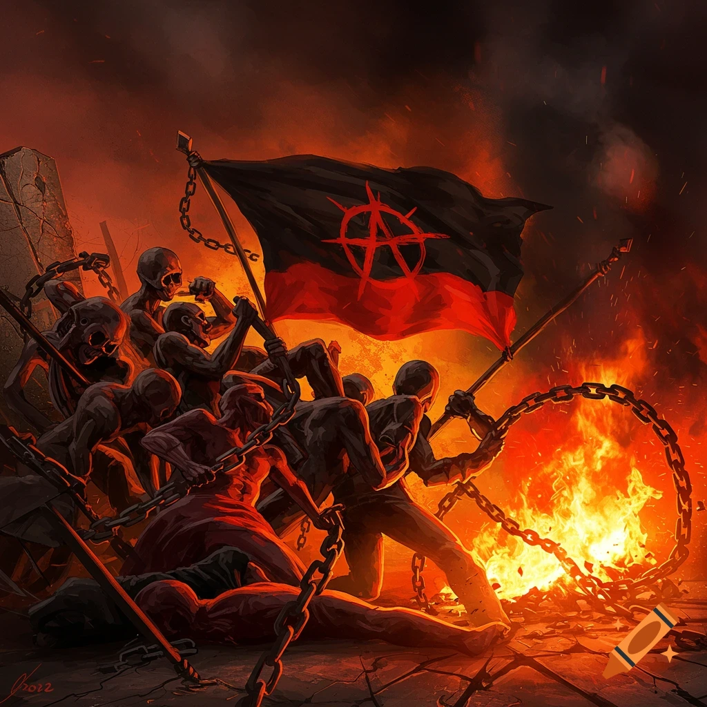 Stylized painting of skeletal and red figures with chains, raising a flag with an anarchy symbol amid fire and ruins.