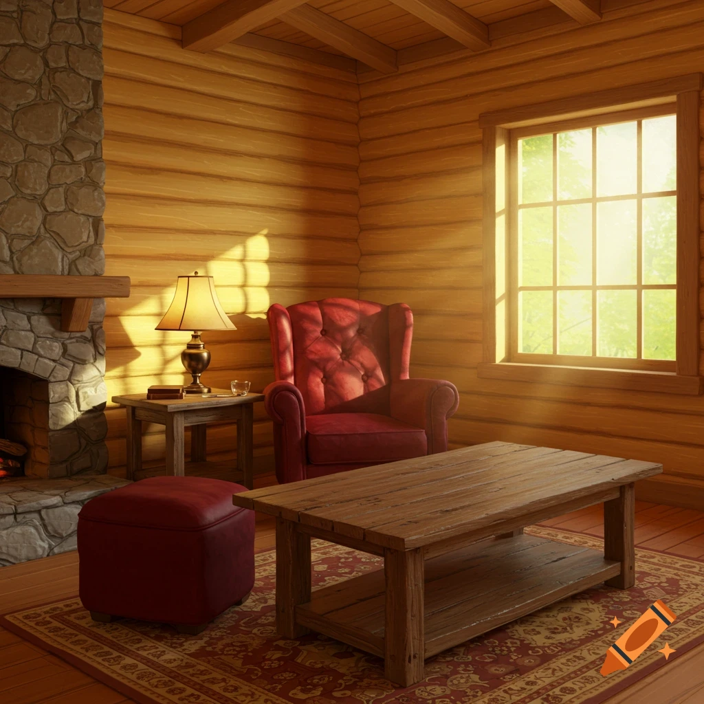 A cozy log cabin room with a fireplace, red armchair, and sunlight streaming through a window.
