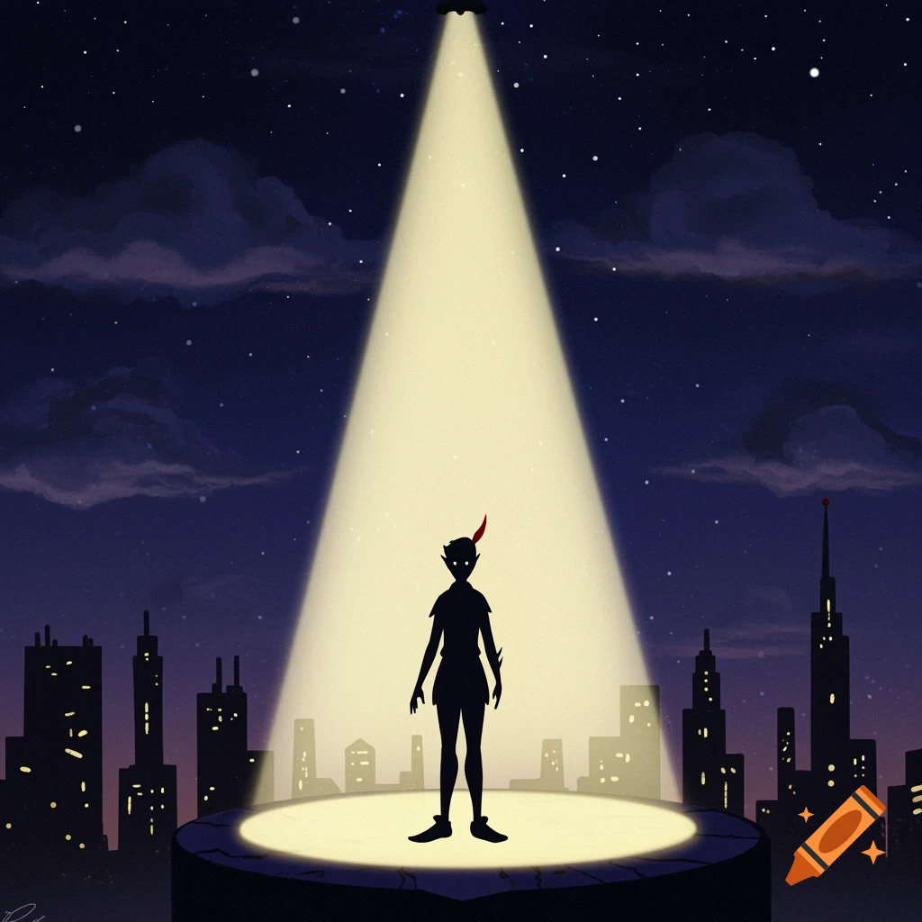 Silhouette of a figure resembling Peter Pan standing in a large spotlight over a city skyline at night.
