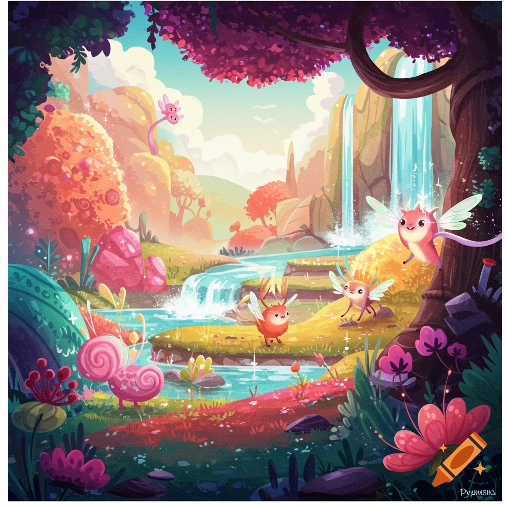 A colorful fantasy landscape with a waterfall, lush plants, and several small, cute flying creatures.