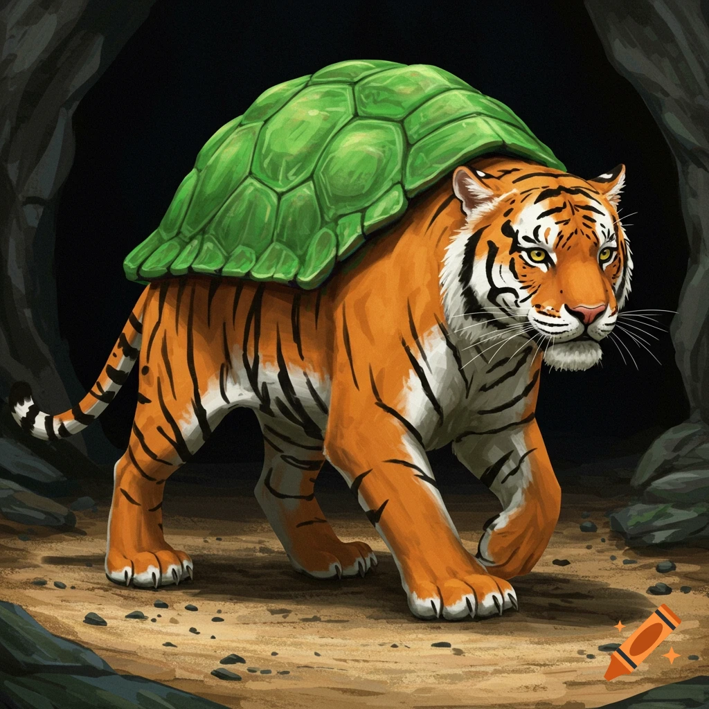 A tiger with a green turtle shell on its back walks out of a cave.