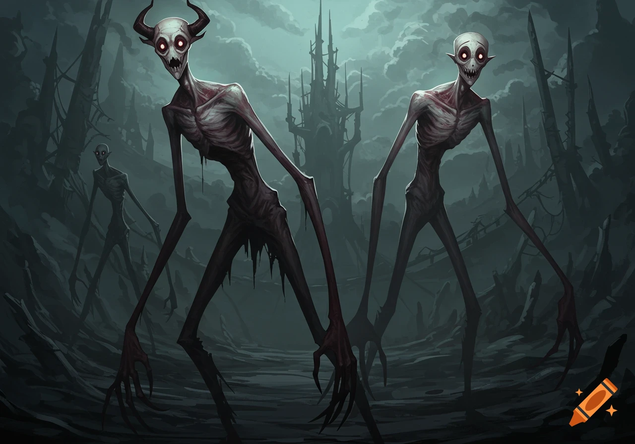 Tall, emaciated humanoid creatures with glowing eyes in a dark, eerie landscape.