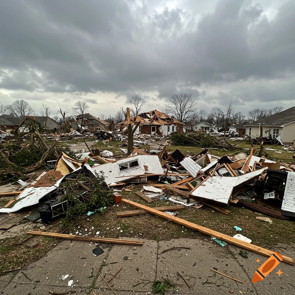 Widespread destruction after a tornado, with debris, damaged homes, and broken trees.