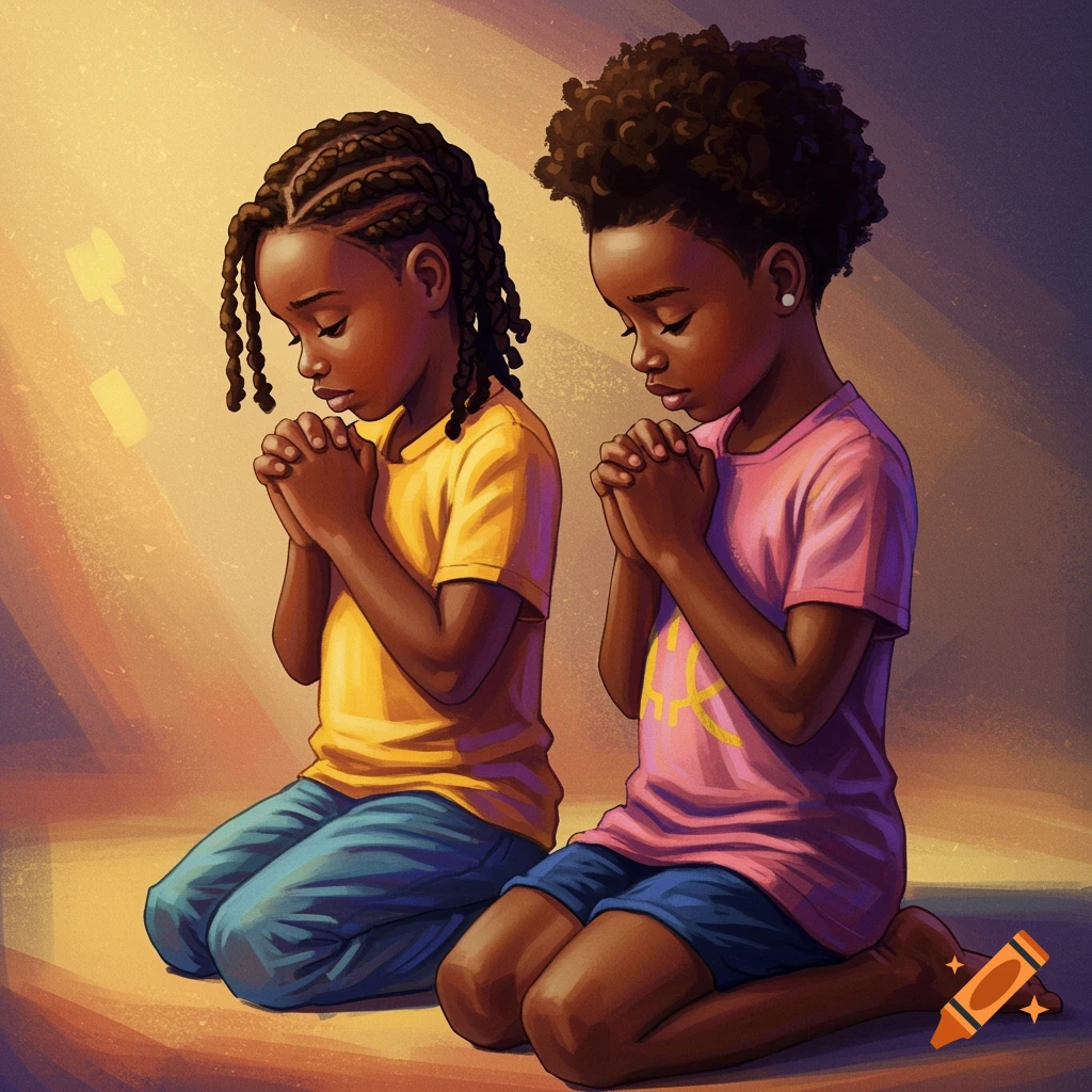 Illustration of two young Black girls kneeling in prayer with hands clasped in warm light.