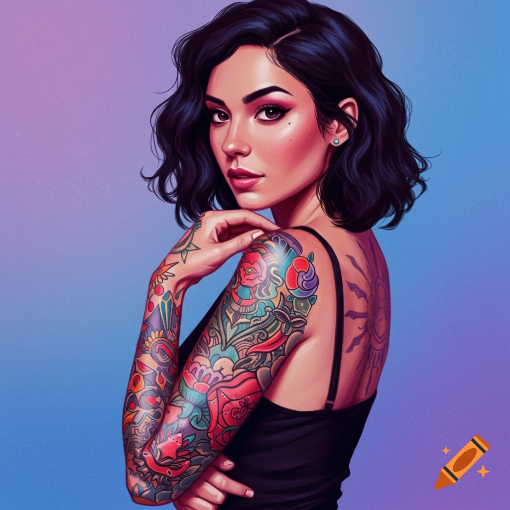 A portrait of a woman with full arm and back tattoos looking back over her shoulder.