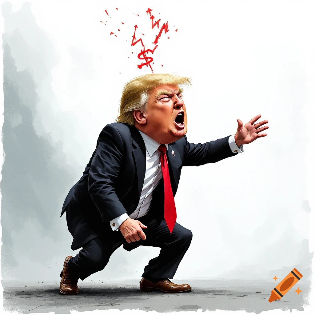 Illustration caricature of Donald Trump yelling, with red dollar signs and down arrows above his head.