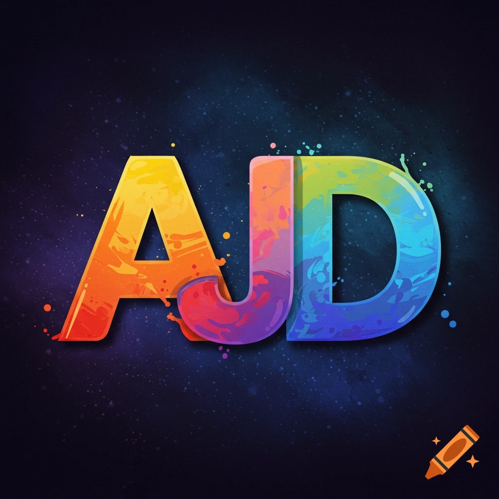 Colorful stylized letters AJD with paint splashes on a dark background.