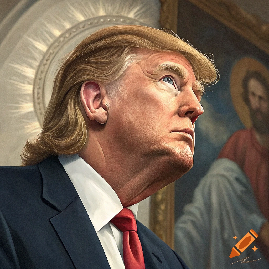 Painterly portrait of Donald Trump with a halo, looking upward, with a blurry figure in the background.