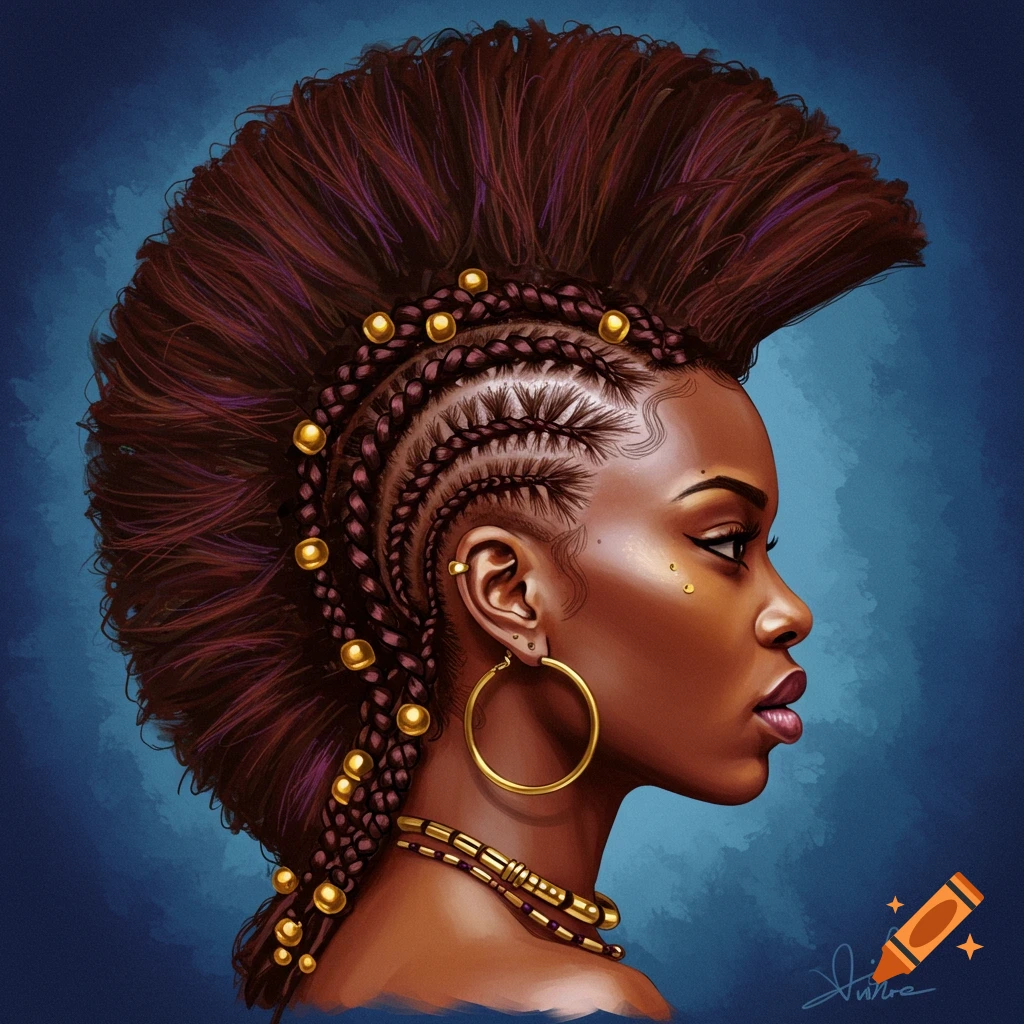 A woman in profile with a mohawk hairstyle, braids, gold beads, and hoop earrings.