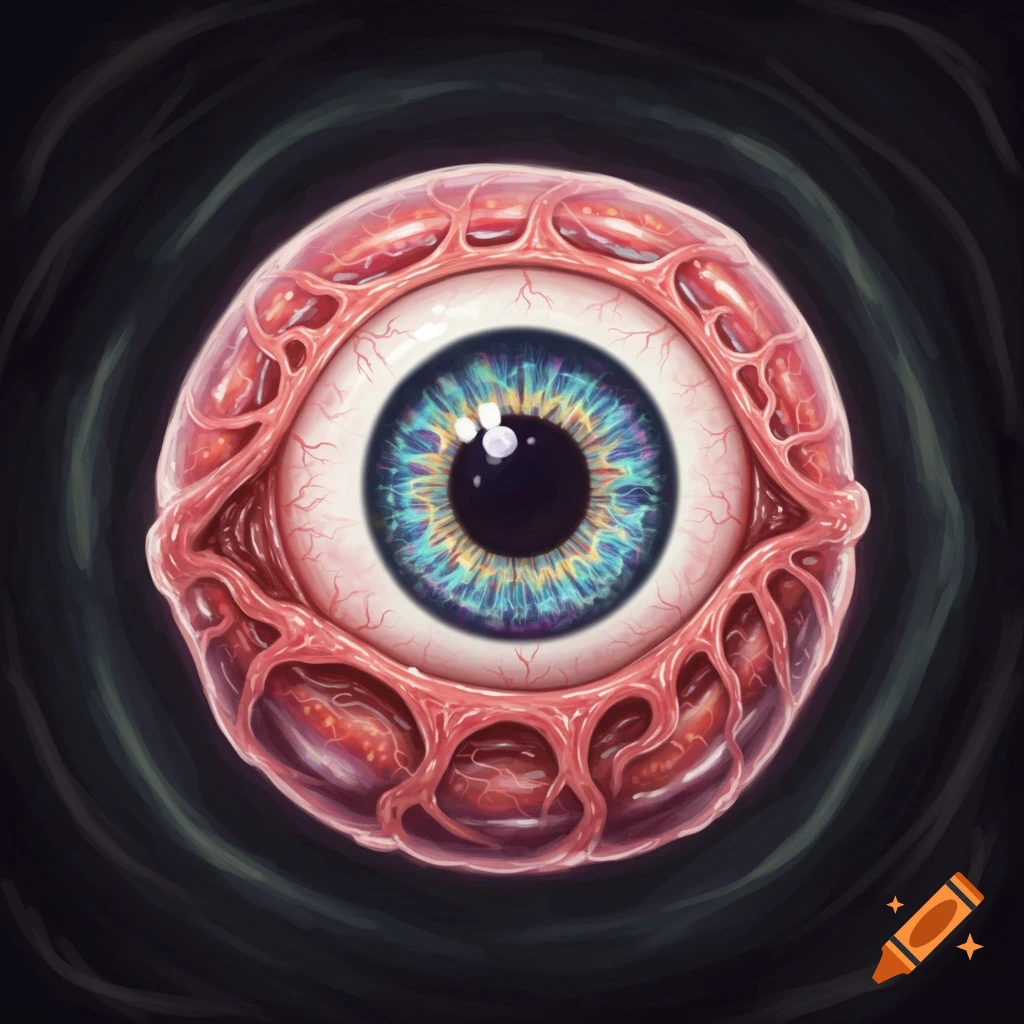 A grotesque eyeball creature with colorful iris and fleshy surroundings.