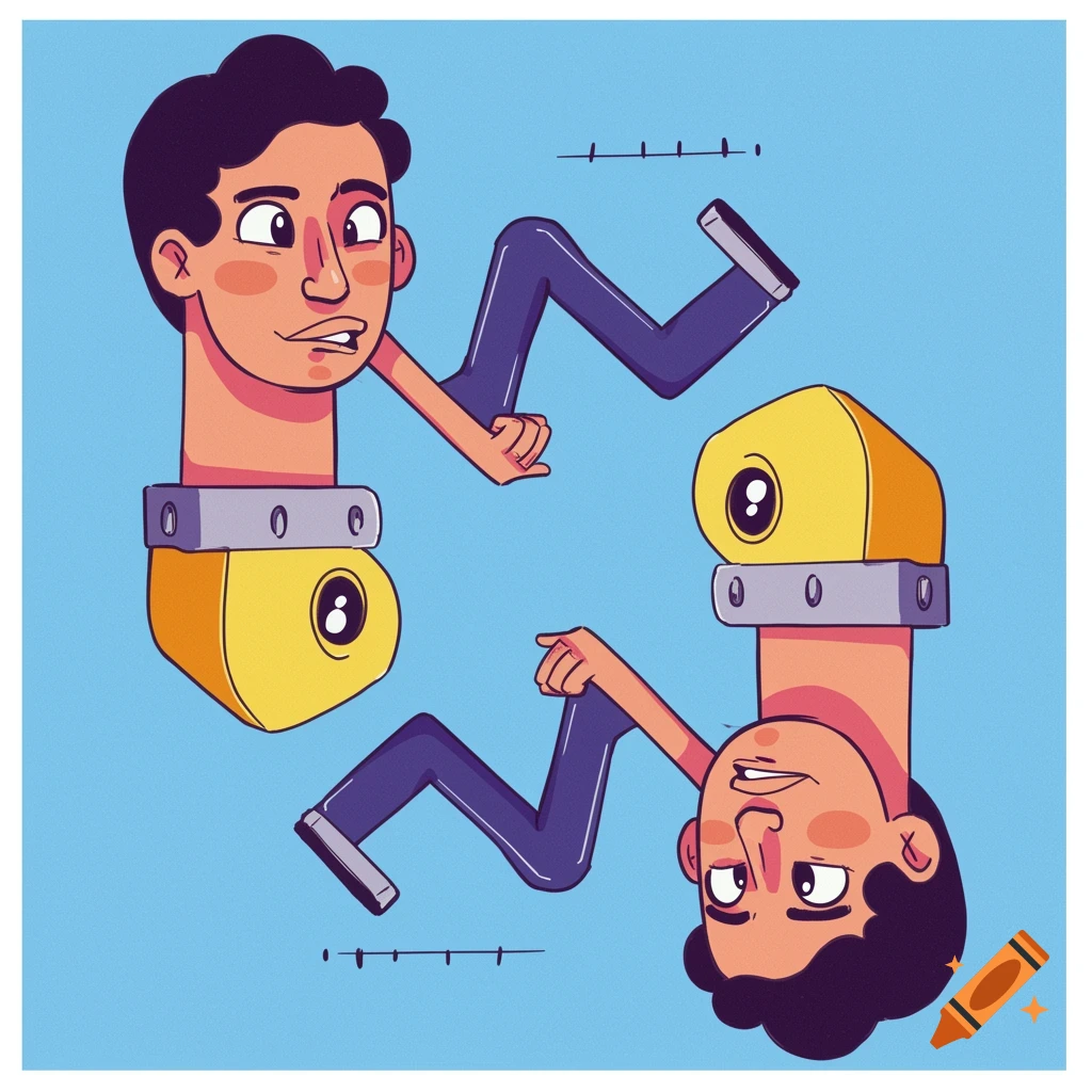 Cartoony illustration of two figures with mixed proportions and yellow lock-like torsos on a blue background.