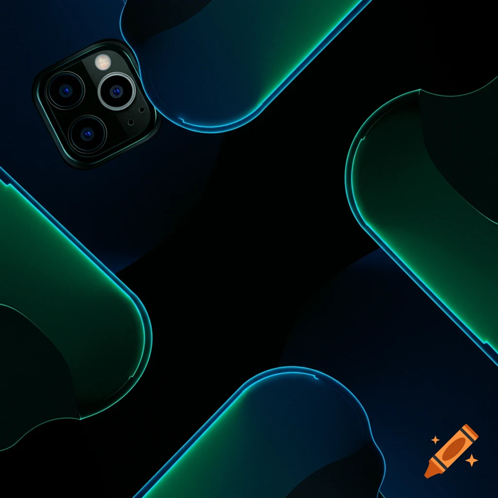 Abstract digital art featuring glowing blue and green shapes on black, with an iPhone camera module.