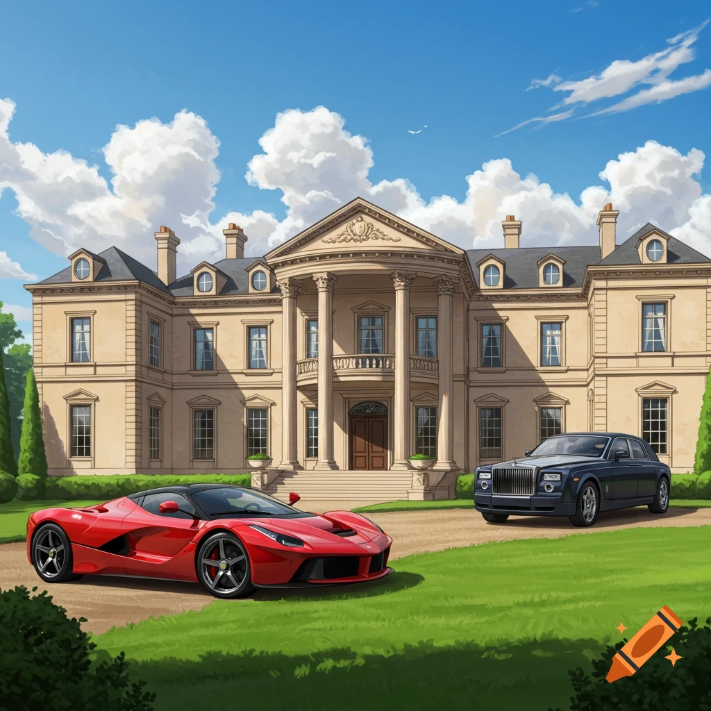 A mansion with a red LaFerrari and a dark Rolls-Royce parked in front.