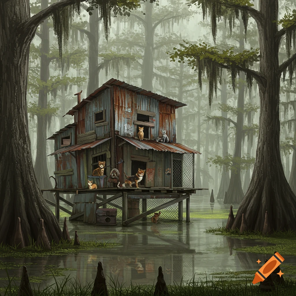 A ramshackle house sits in a swamp with many cats sitting on and around it.
