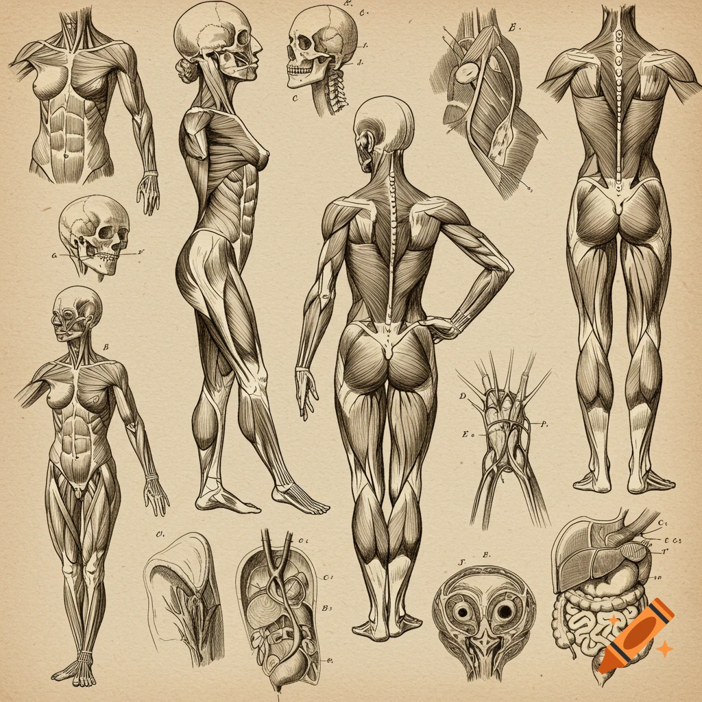 Hand-drawn vintage anatomical illustrations of the human body and organs.
