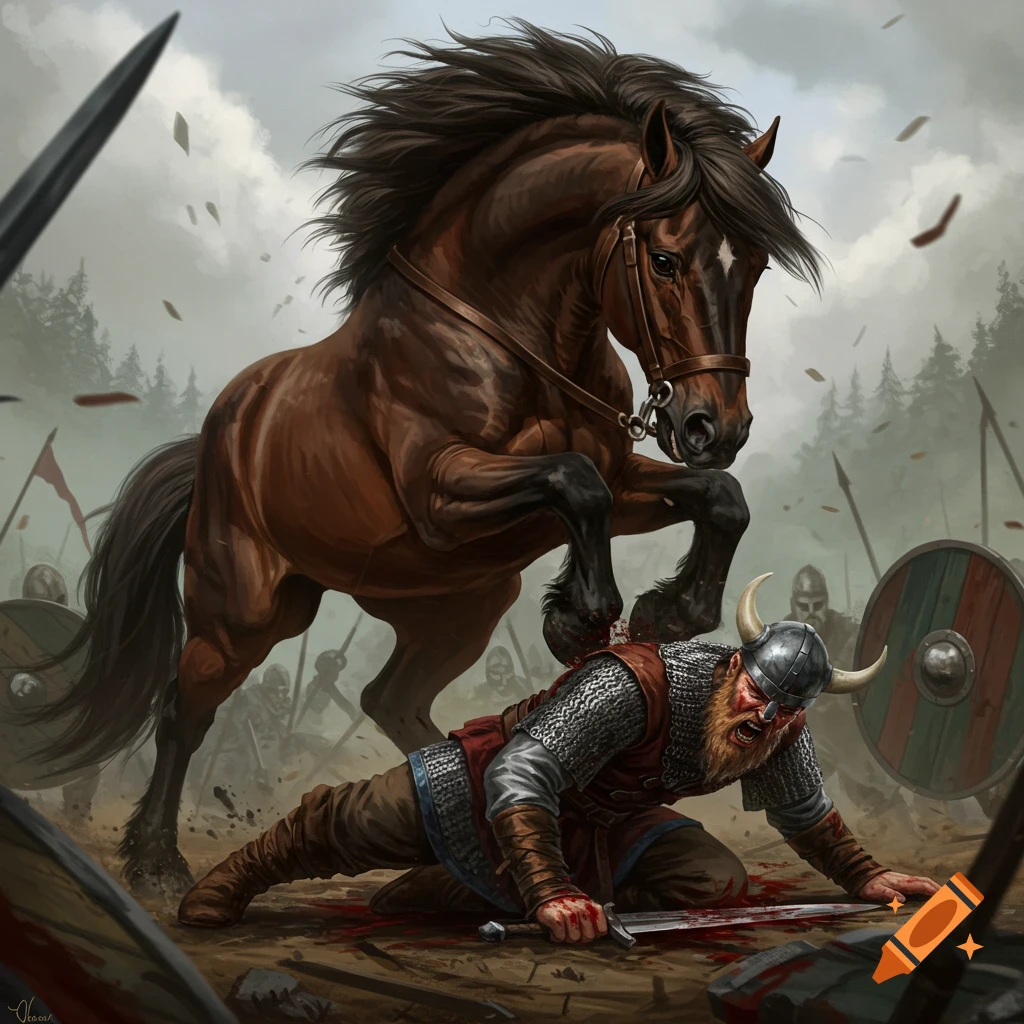 A horse tramples a fallen Viking in battle.
