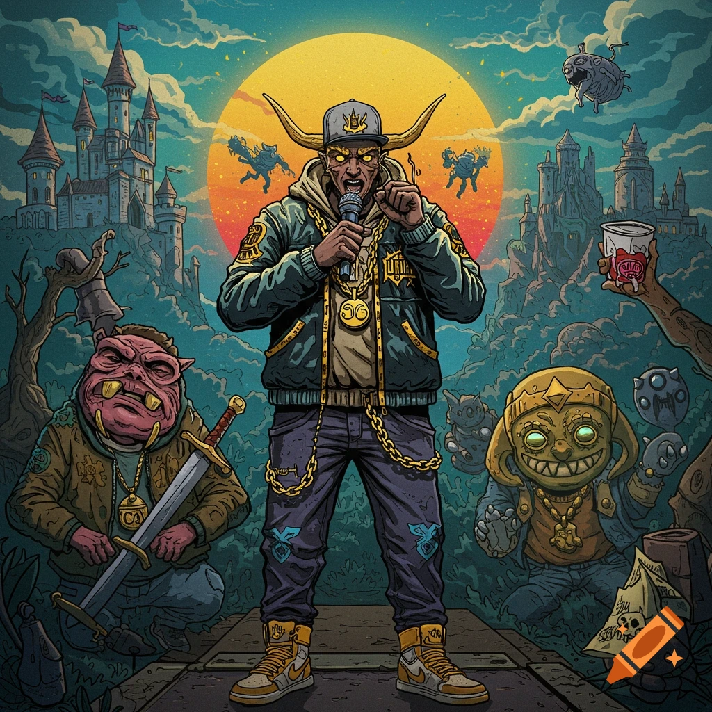 A figure with horns and hip hop attire raps into a microphone, surrounded by fantasy creatures and castles under a large sun. Stylized image.