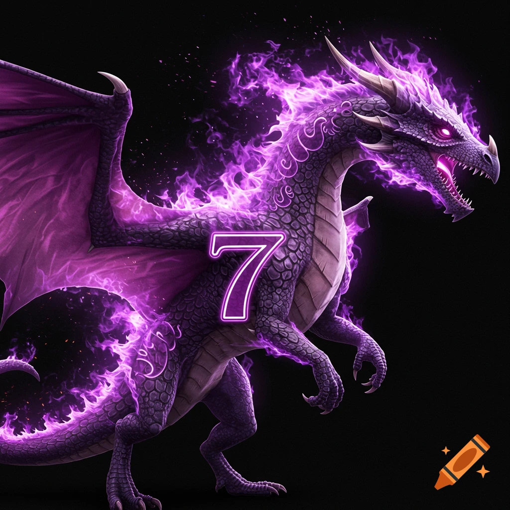 A purple dragon engulfed in vibrant purple flames, with a glowing number 7 on its side.