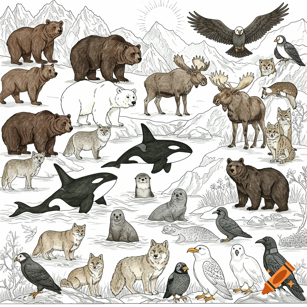 An illustration of various arctic animals including bears, moose, wolves, orcas, seals, and birds in a snowy landscape.