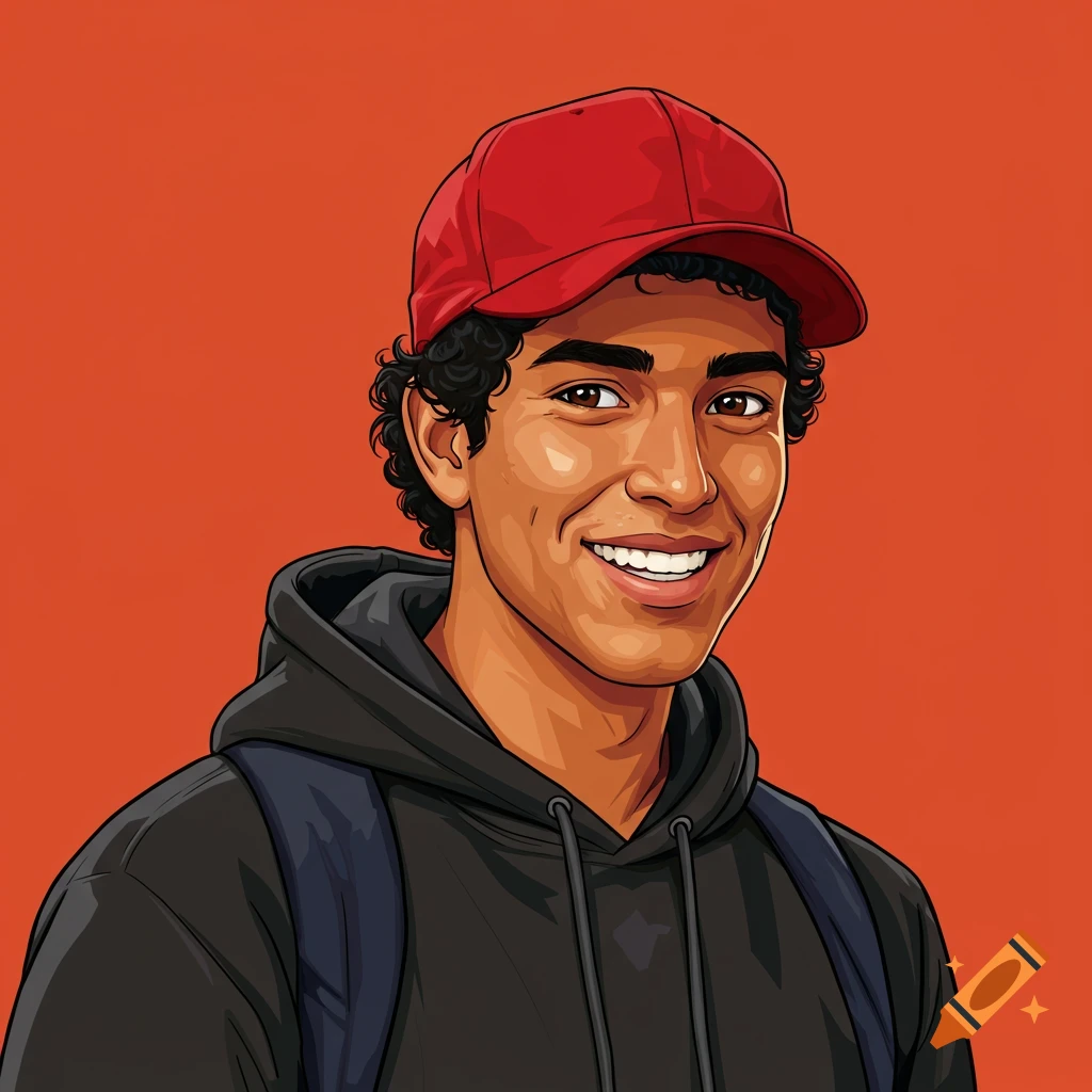 Portrait of a young man with curly hair, red cap, and black hoodie, smiling against an orange background.