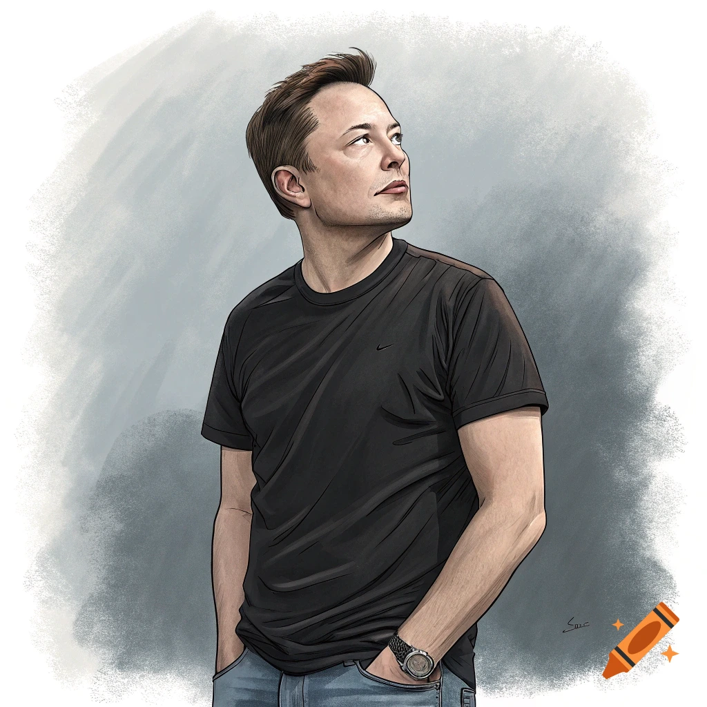 Illustration of Elon Musk looking up and to the side, with his hands in his jeans pockets.