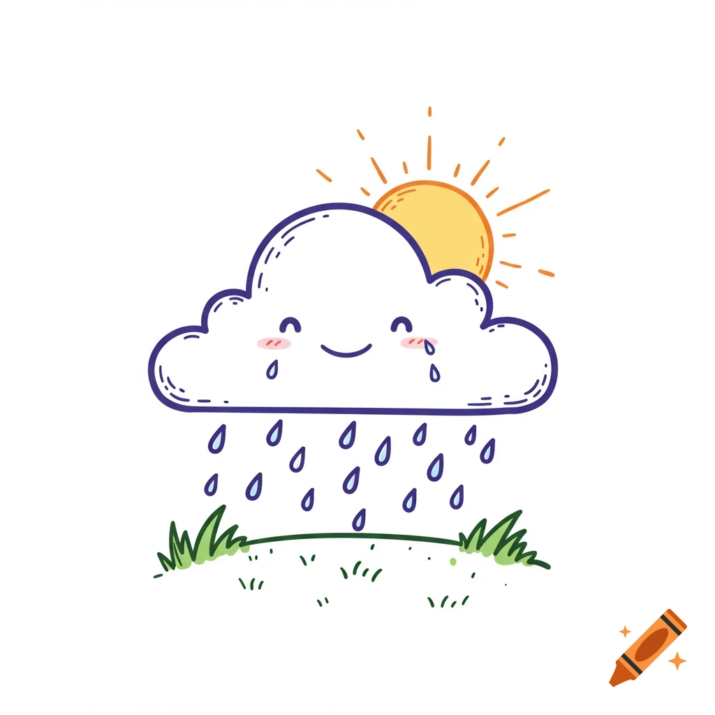 Cute cartoon illustration of a rain cloud and sun over grass.