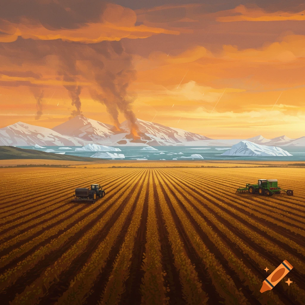 a vast cultivated field with tractors, facing mountains, icebergs, and erupting volcanoes under an orange sky.
