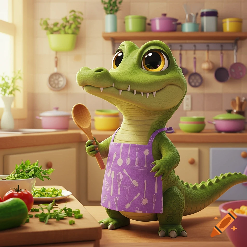 A cute cartoon alligator in a purple apron stands in a kitchen, holding a wooden spoon.