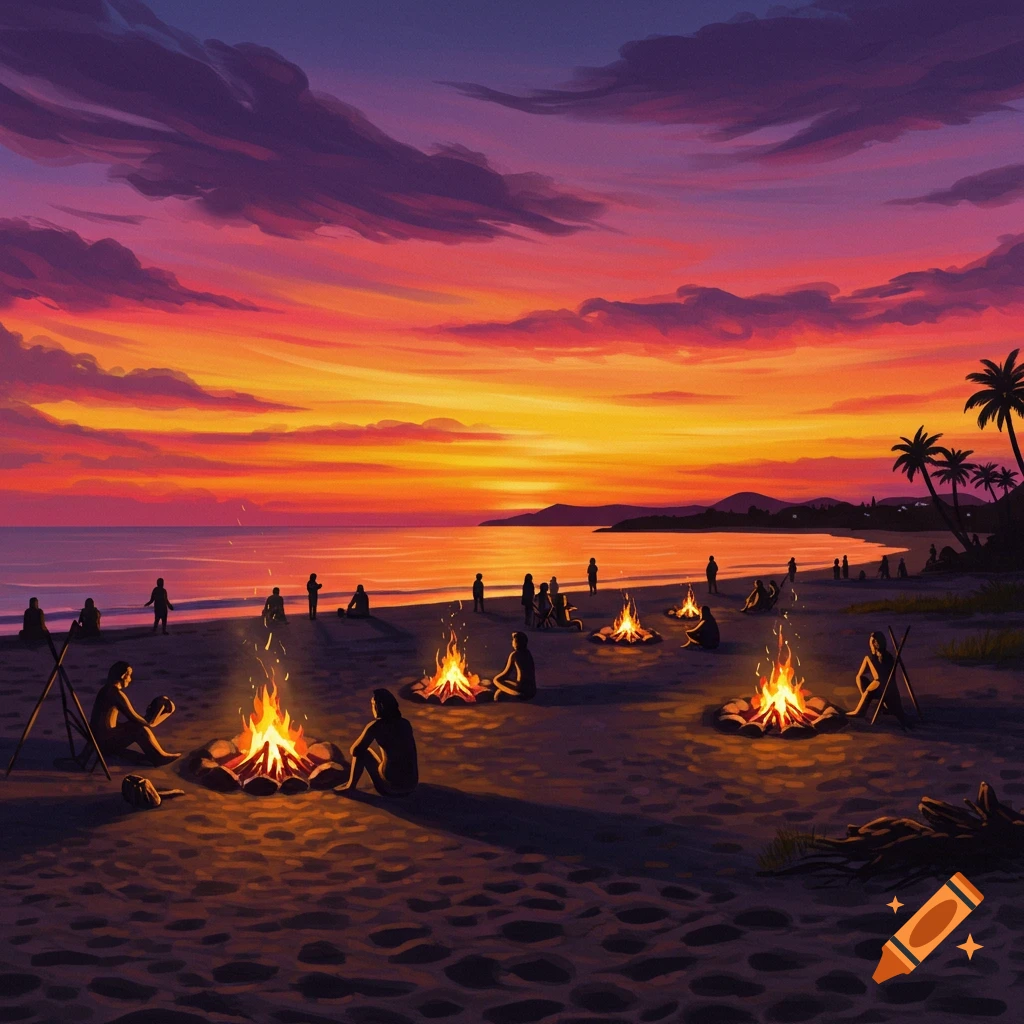 People are sitting around campfires on a beach at sunset.