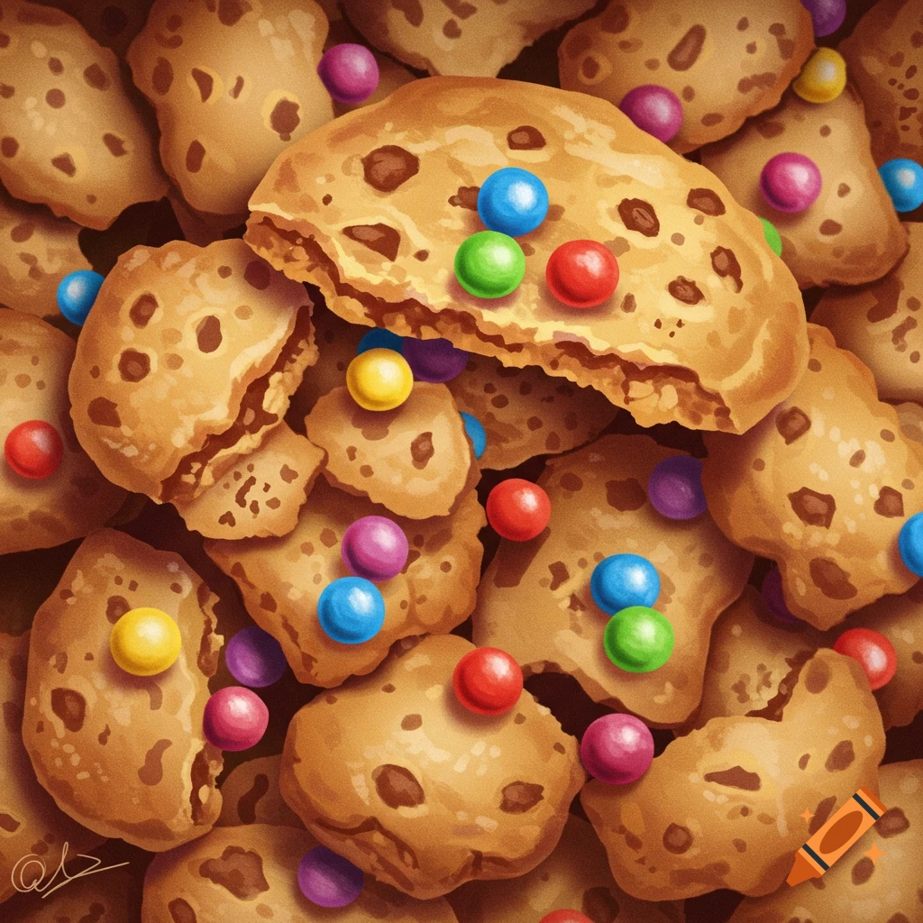 A close-up of cookie pieces mixed with colorful round candies.