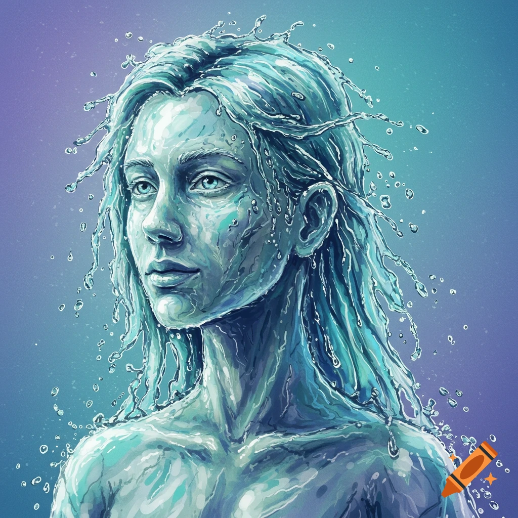 Person with water forming their body and hair
