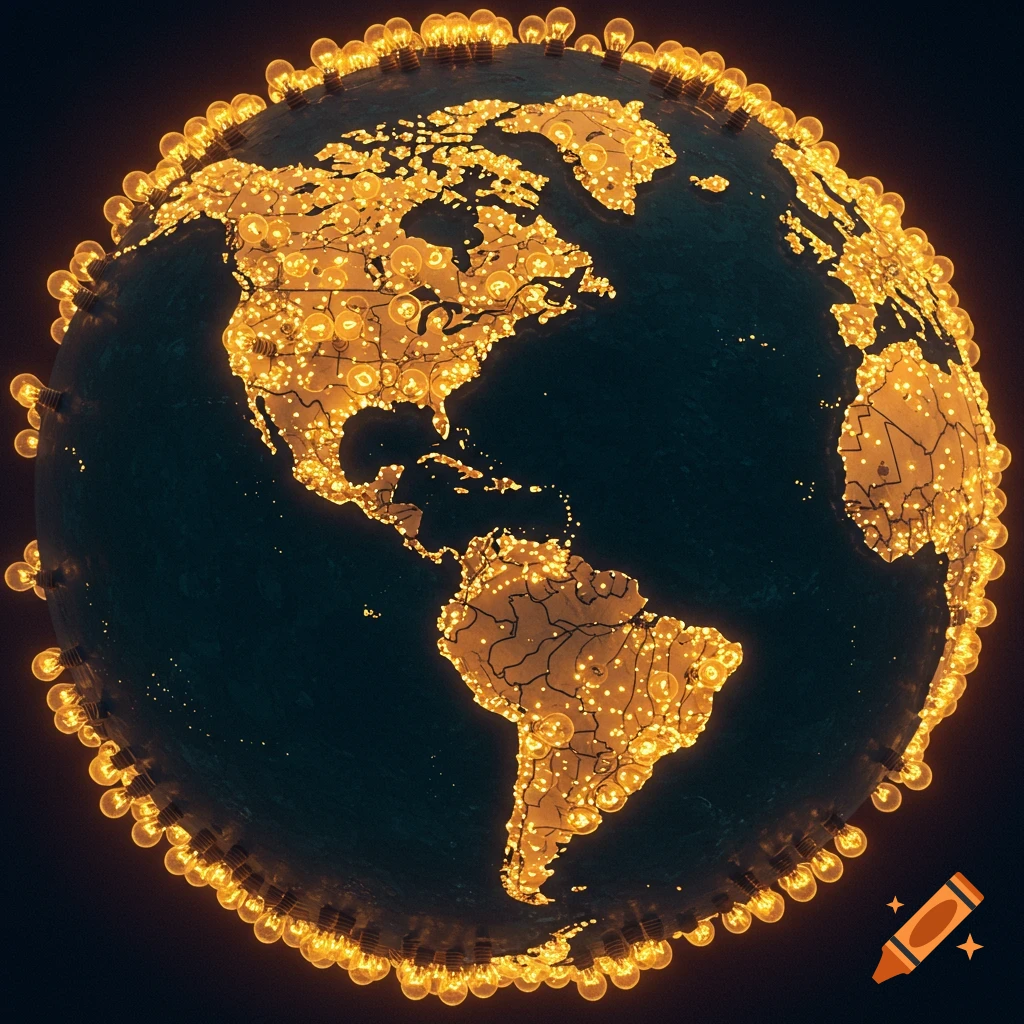 A globe of Earth made of glowing lightbulbs showing the Americas and Africa/Europe.