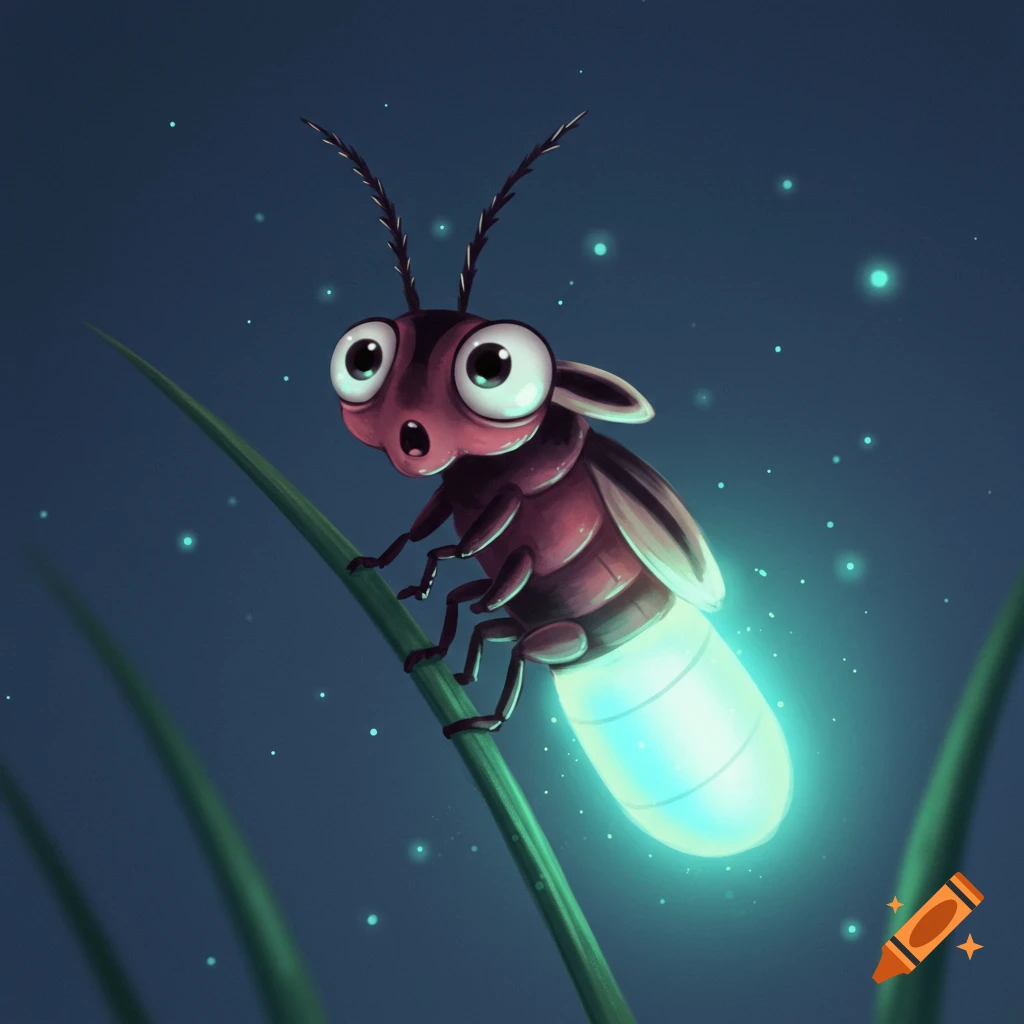 Cute cartoon firefly with glowing tail on a blade of grass at night