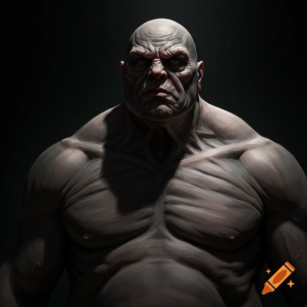 A massive bald muscular man with a grim face