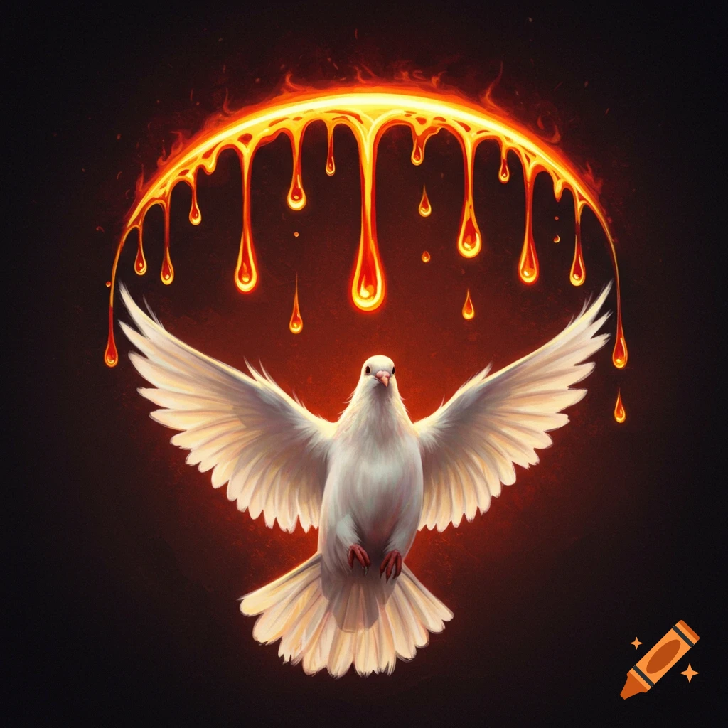 A white dove flying under a half-circle of dripping orange fire.