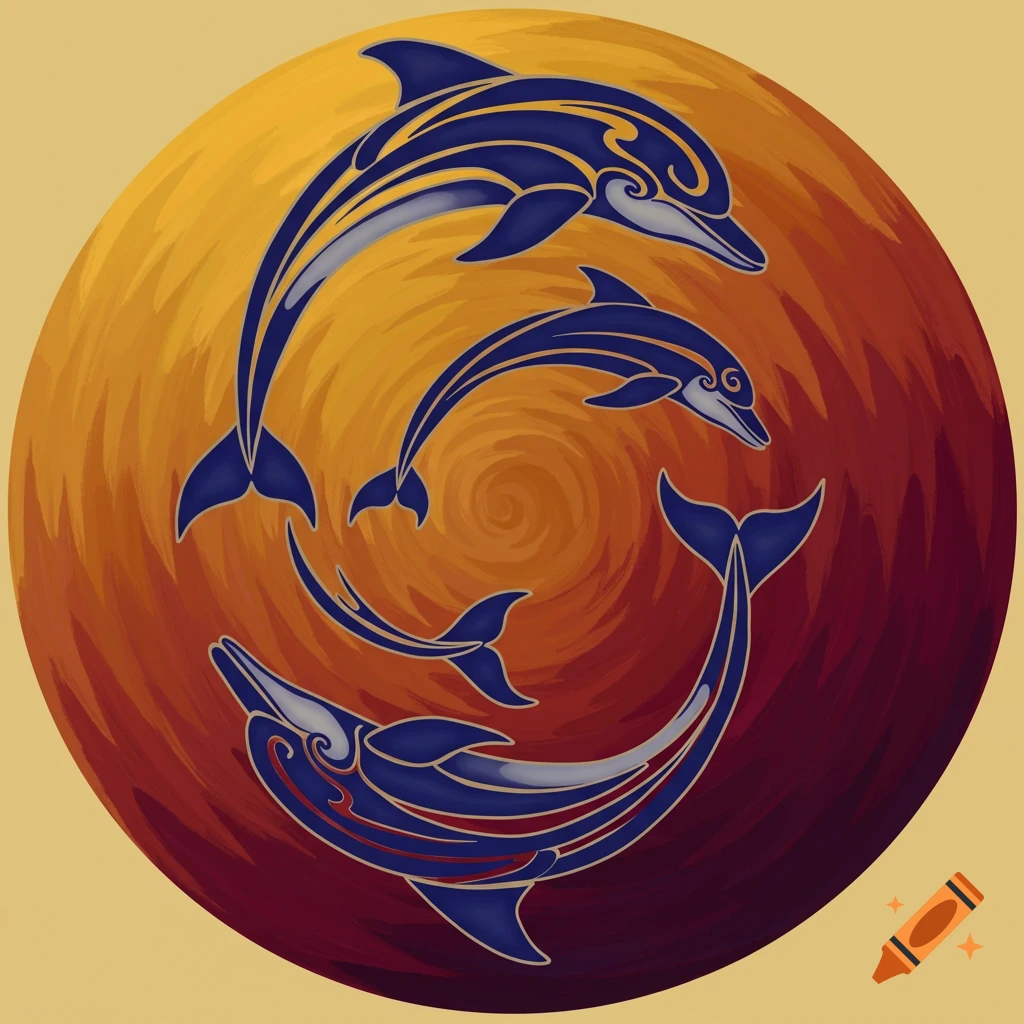 Three stylized blue tribal dolphins leaping in a circle against a warm, swirling background.