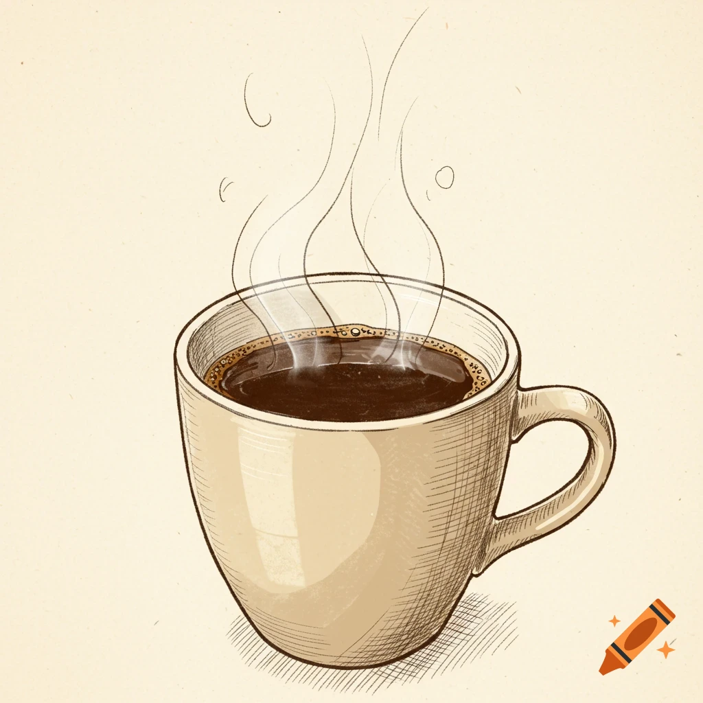 A drawing of a steaming cup of coffee on a textured background.