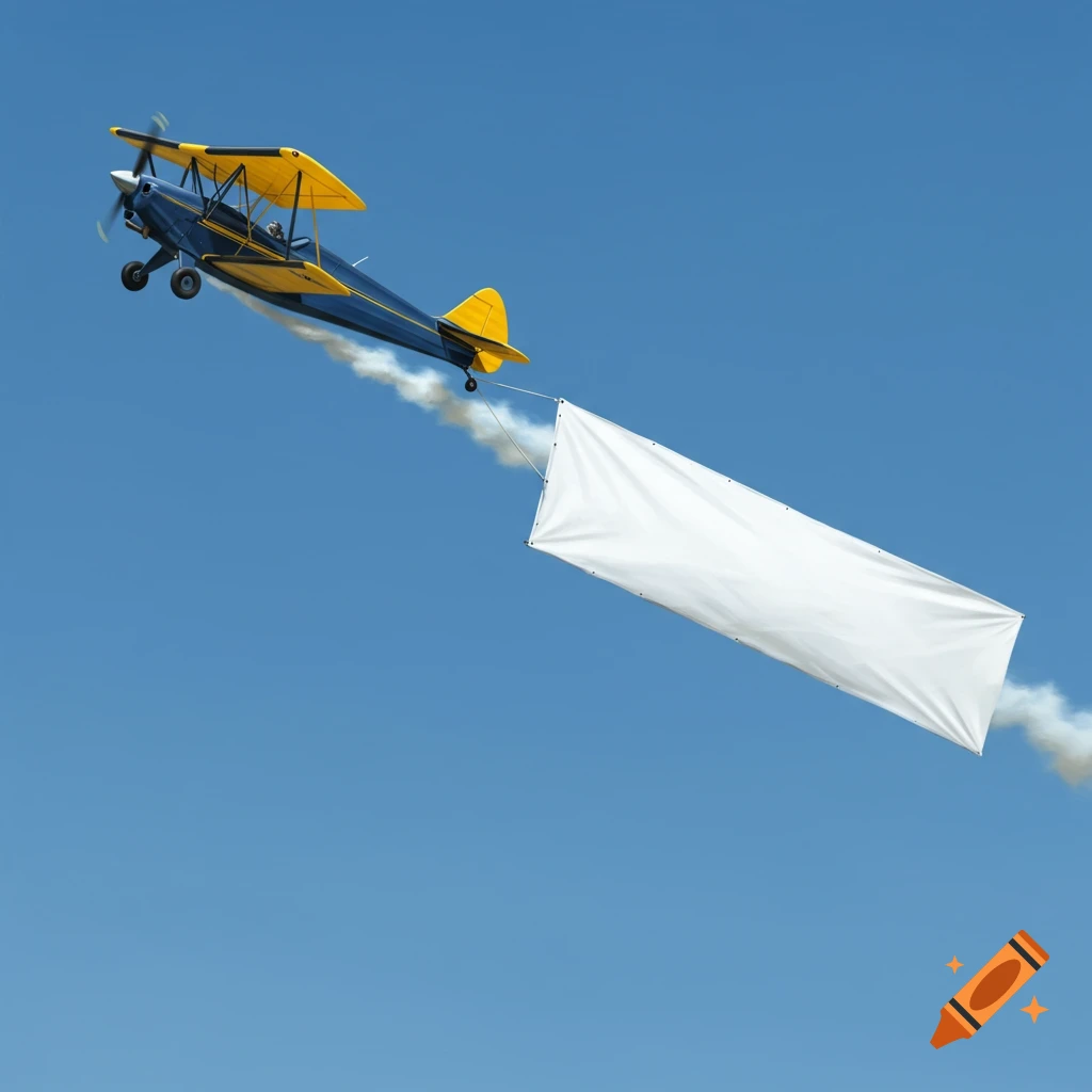 Biplane towing a blank white banner across a blue sky.