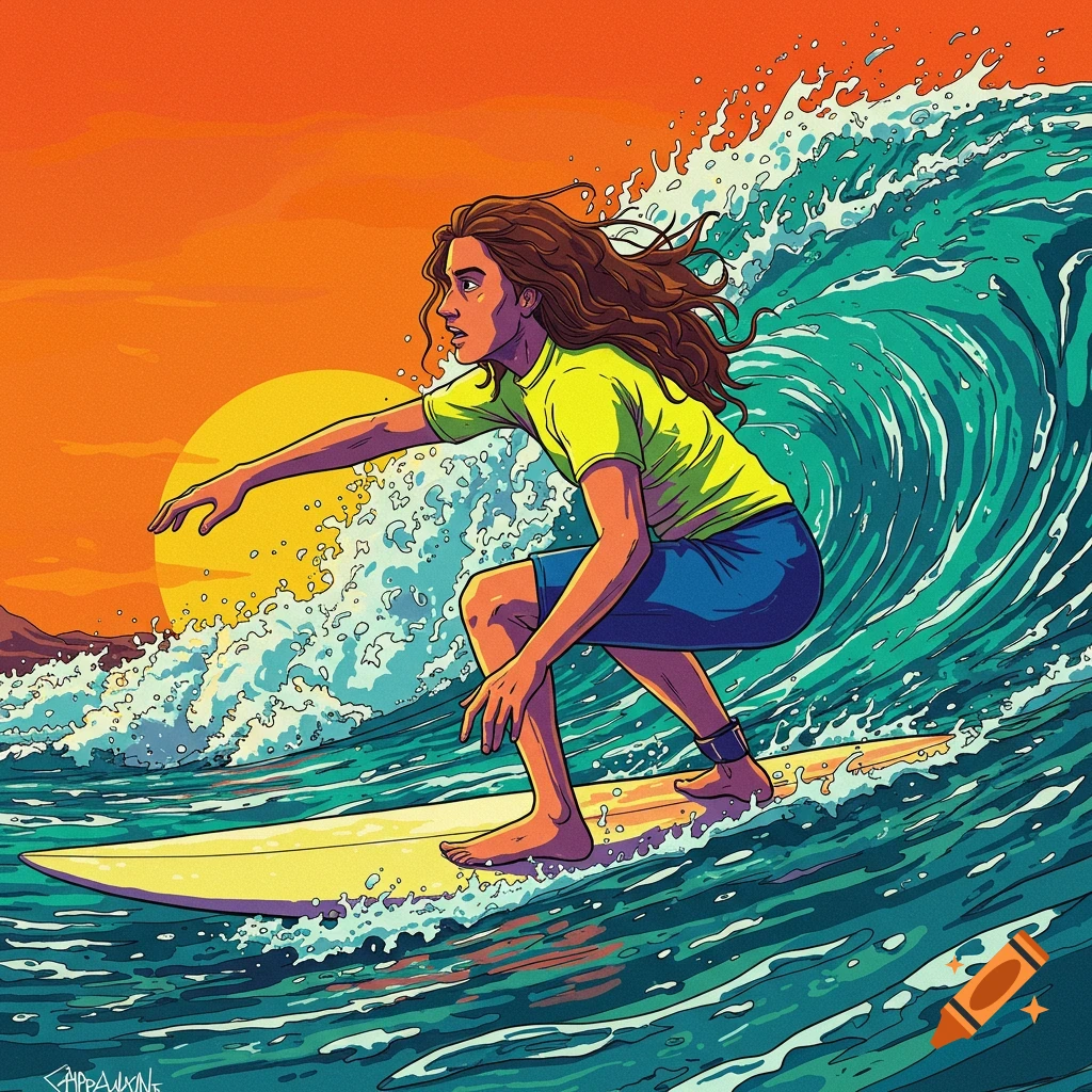 A person surfing a large wave at sunset.