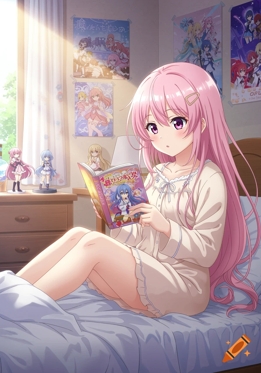 An anime girl with pink hair reads a book in bed in a bedroom with posters and figures.
